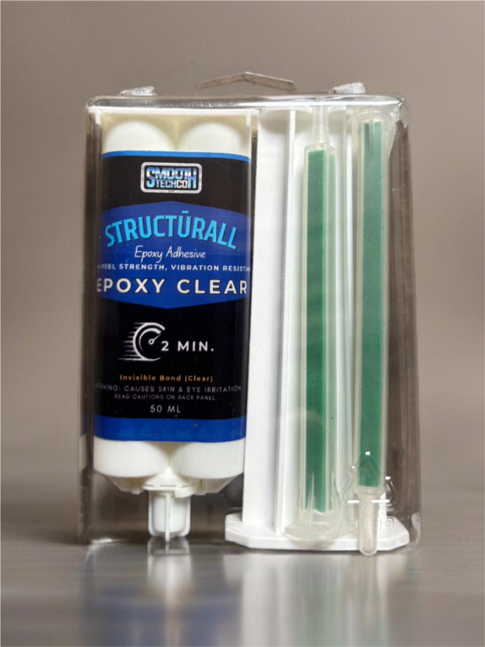 Structurall - Epoxy Clear - 50 ML Epoxy Adhesive Kit, with static mixers against a brown background