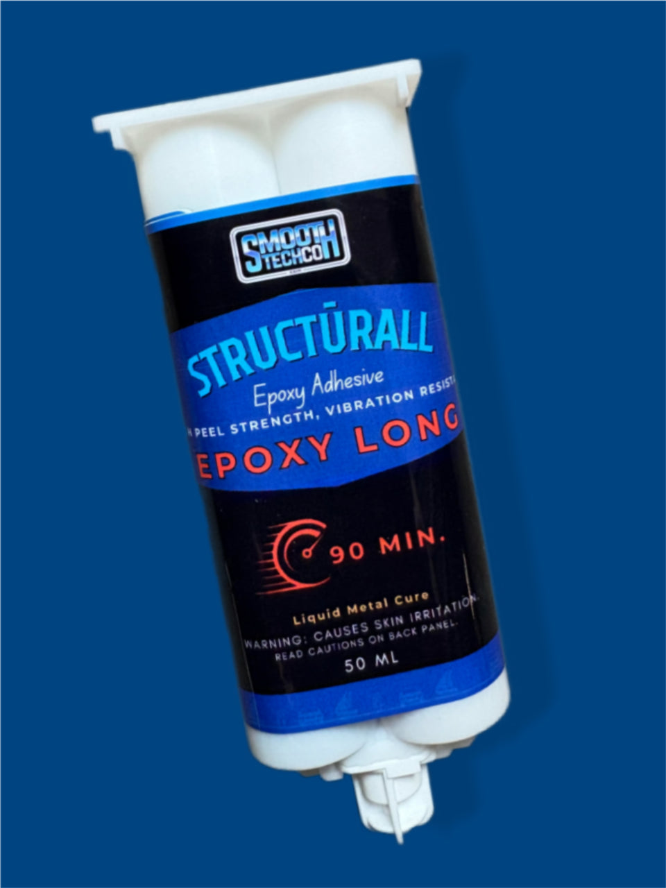 Epoxy Long, epoxy adhesive tube with blue label on a blue background
