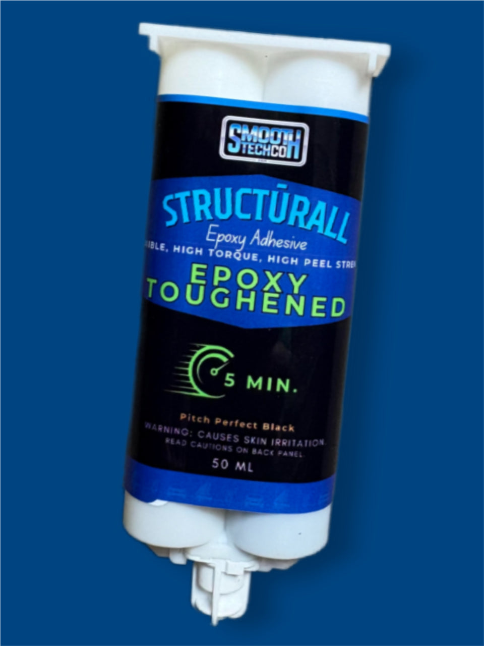 Structurall Epoxy Adhesive container - Epoxy Toughened - on a blue background