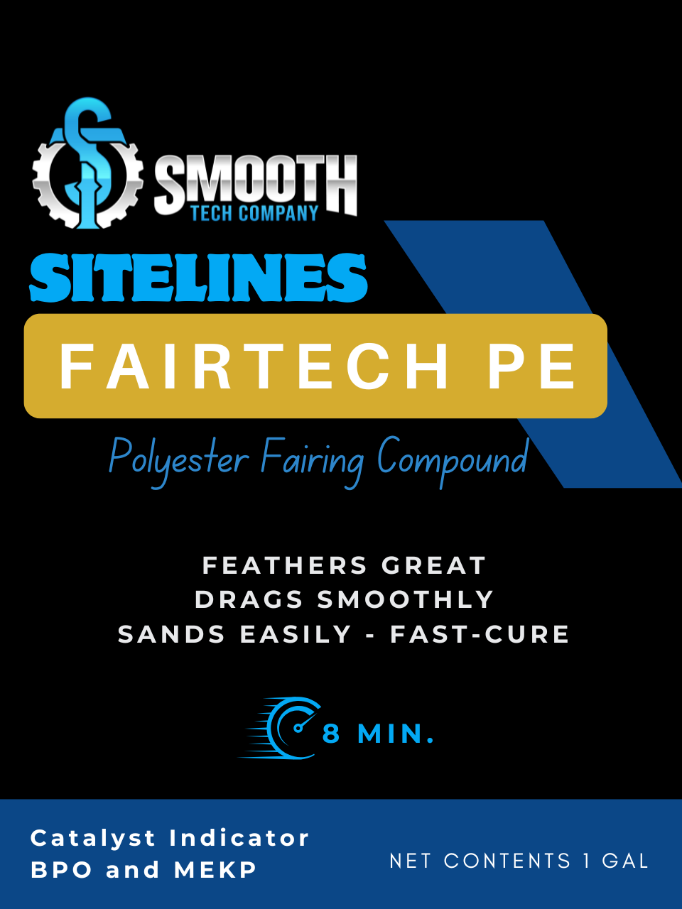 Label close up for Fairtech PE Polyester Fairing Compound with Smooth Tech Company branding on a black background.