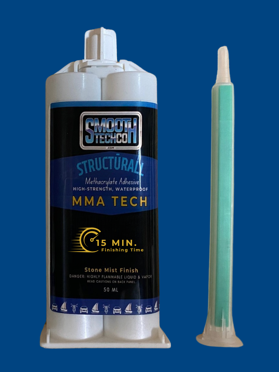 MMA FIVE structural adhesive & static mixer on a blue background.