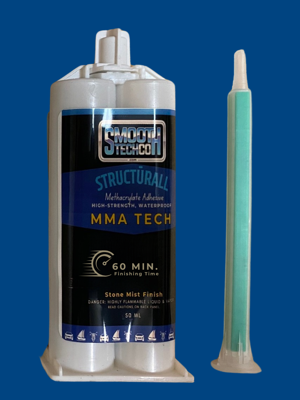 MMA Twenty structural adhesive, 50 ml, & static mixer on a blue background.