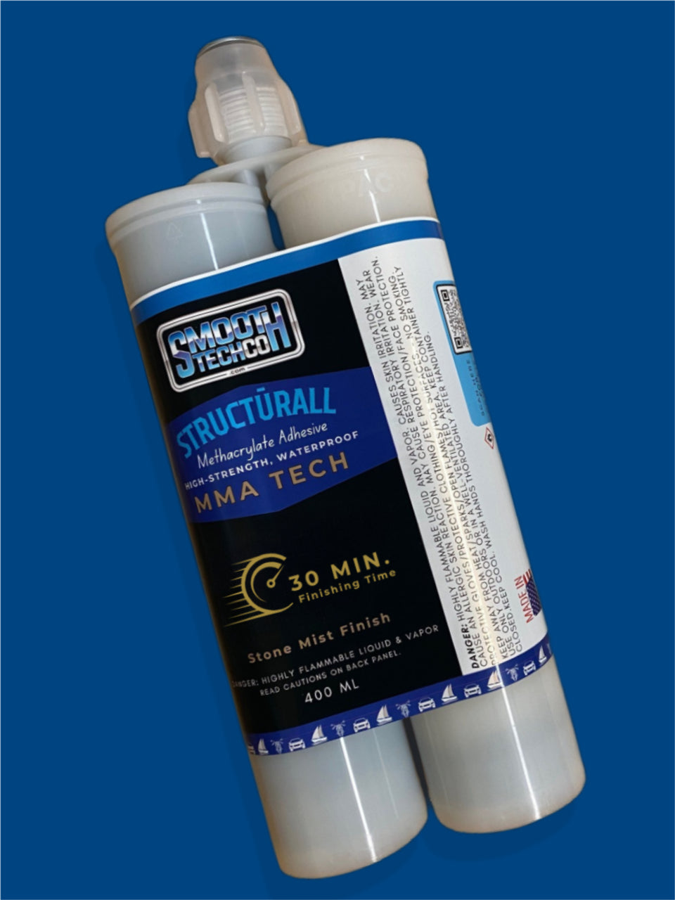 MMA Ten structural adhesive, 400 ml, & static mixer on a blue background.