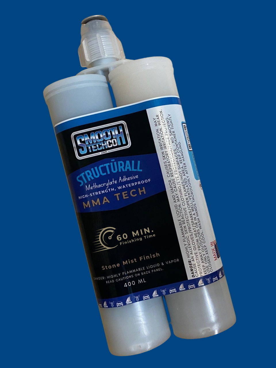 MMA Twenty structural adhesive, 400 ml, & static mixer on a blue background.