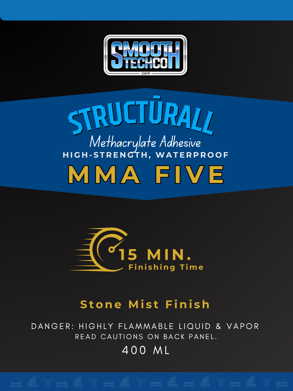 Label close up for MMA Five adhesive container with Smooth Tech branding on a black background.