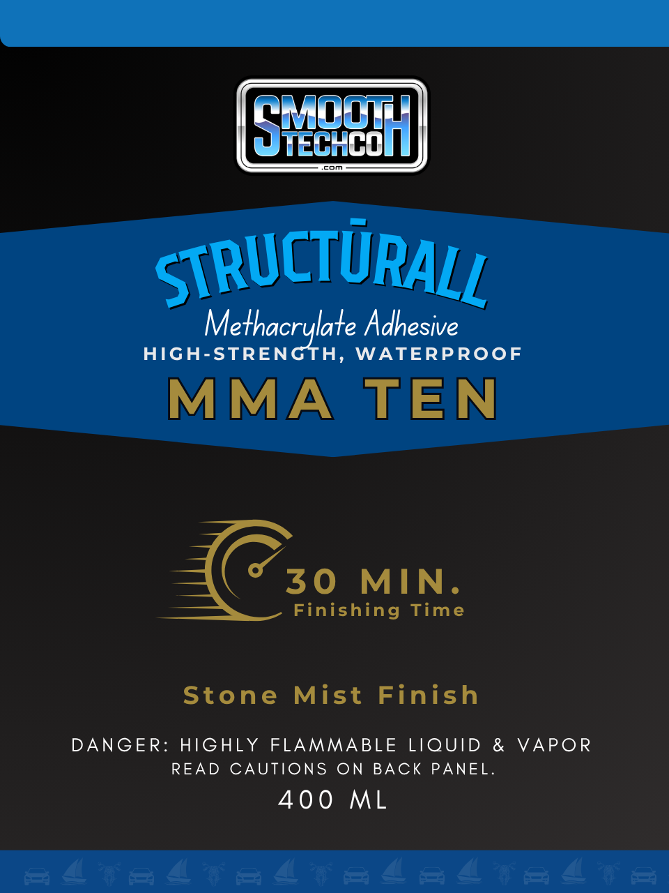Label close up for MMA TEN adhesive container with branding and product details on a black background