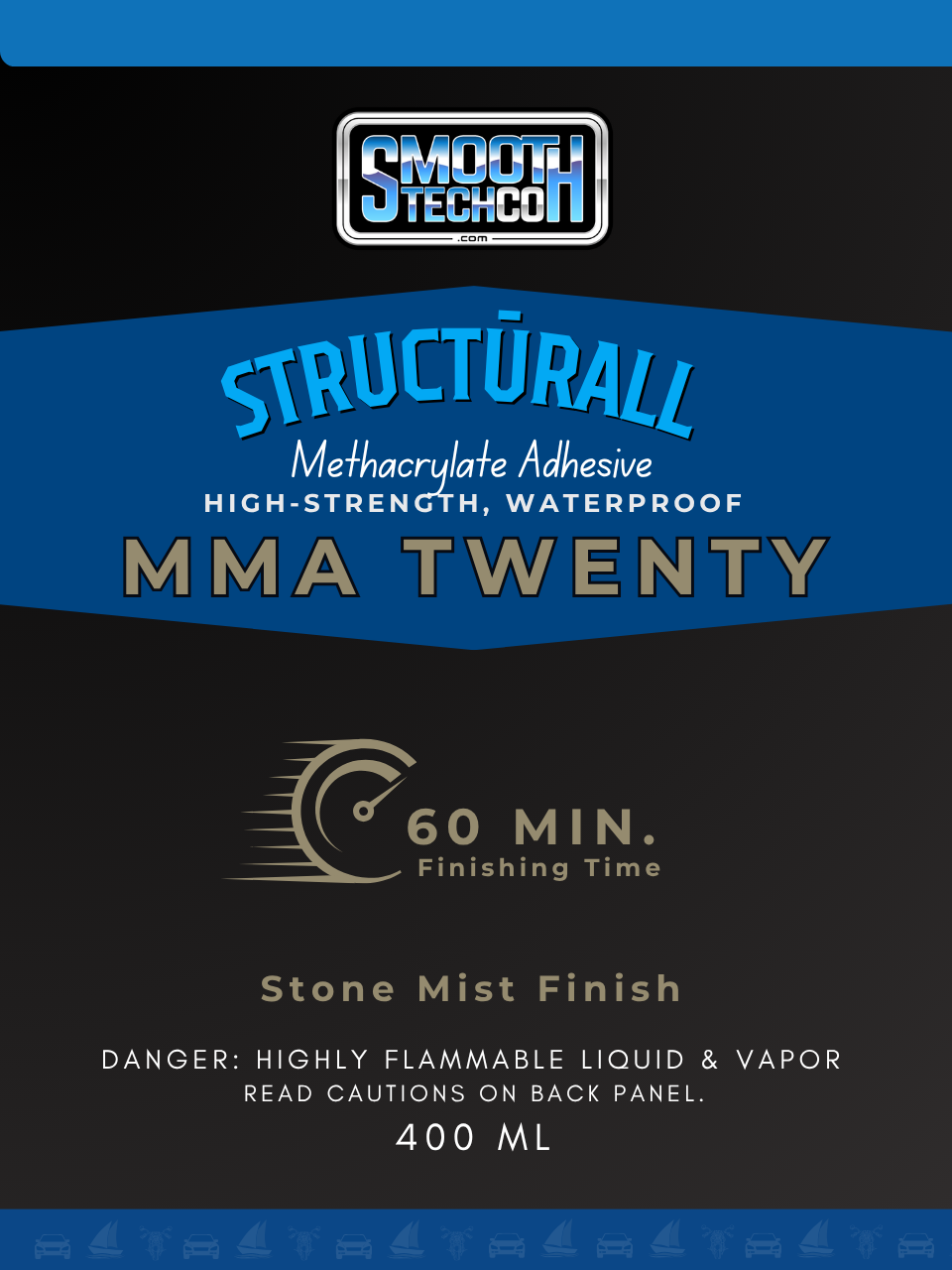 Label close up for MMA Twenty adhesive container with branding and product details on a black background
