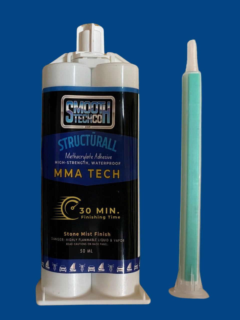 MMA Ten structural adhesive, 50 ml, & static mixer on a blue background.
