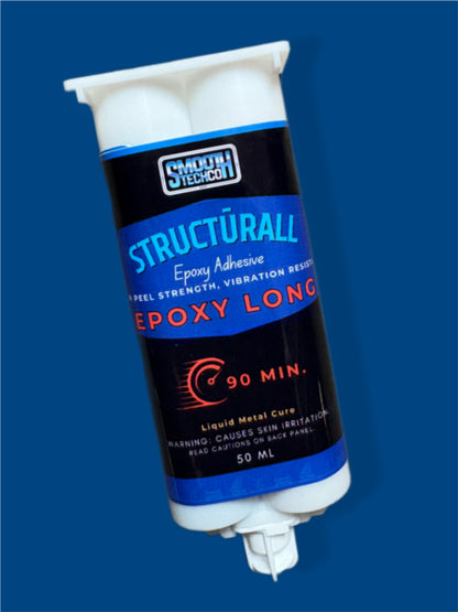 Epoxy Long, epoxy adhesive tube with blue label on a blue background