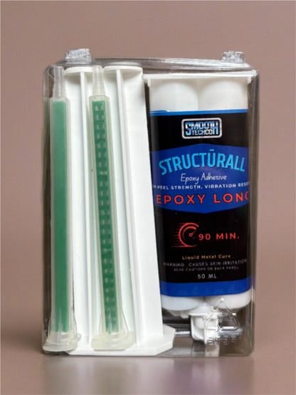 Structurall - Epoxy Long - 50 ML Epoxy Adhesive  Kit, with static mixers against a brown background