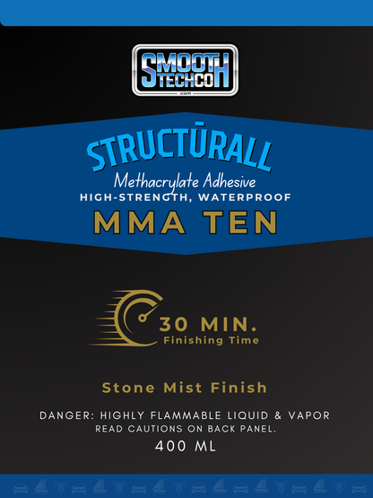 Label close up for  MMA TEN adhesive container with branding and product details on a black background