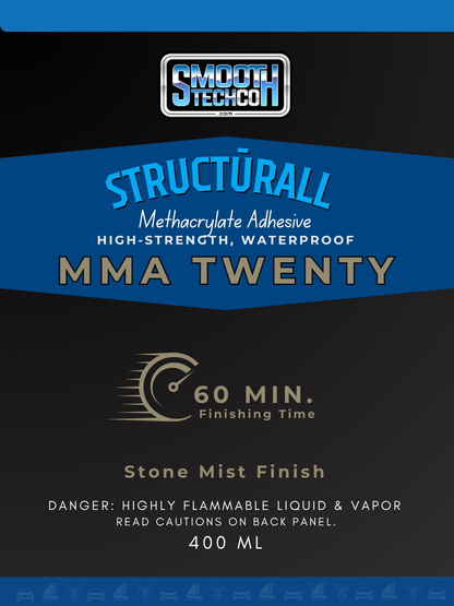Label close up for  MMA Twenty adhesive container with branding and product details on a black background